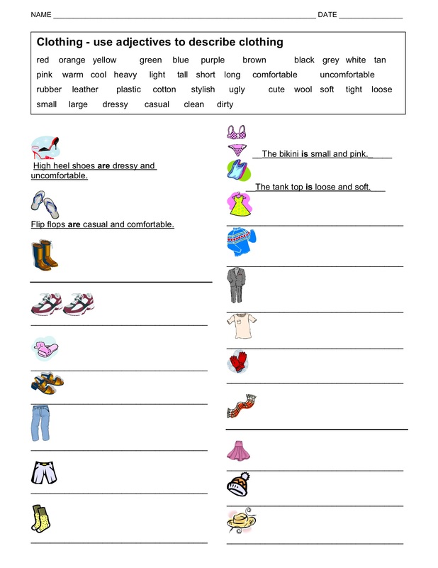 kindergarten pdf adjective worksheet for Miriam  clothing with ESL